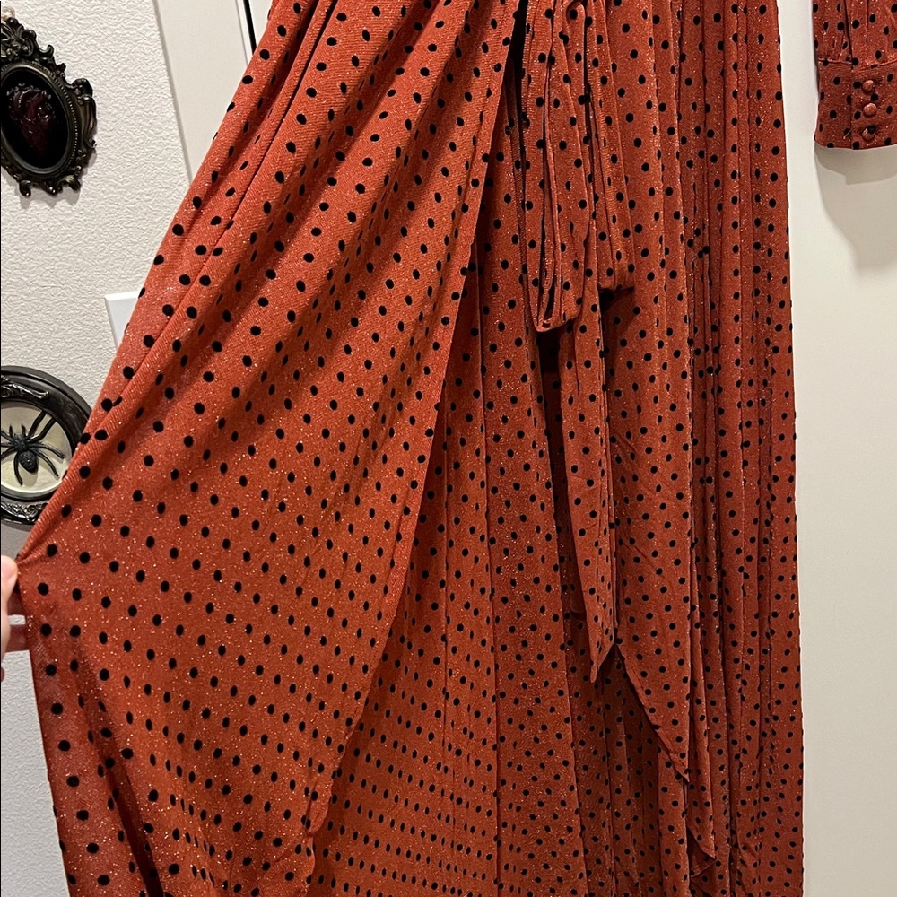 Unique Vintage Plus Size 1970s Rust & Black Polka Dot Farrah Maxi Dress - Picture 4 of 8